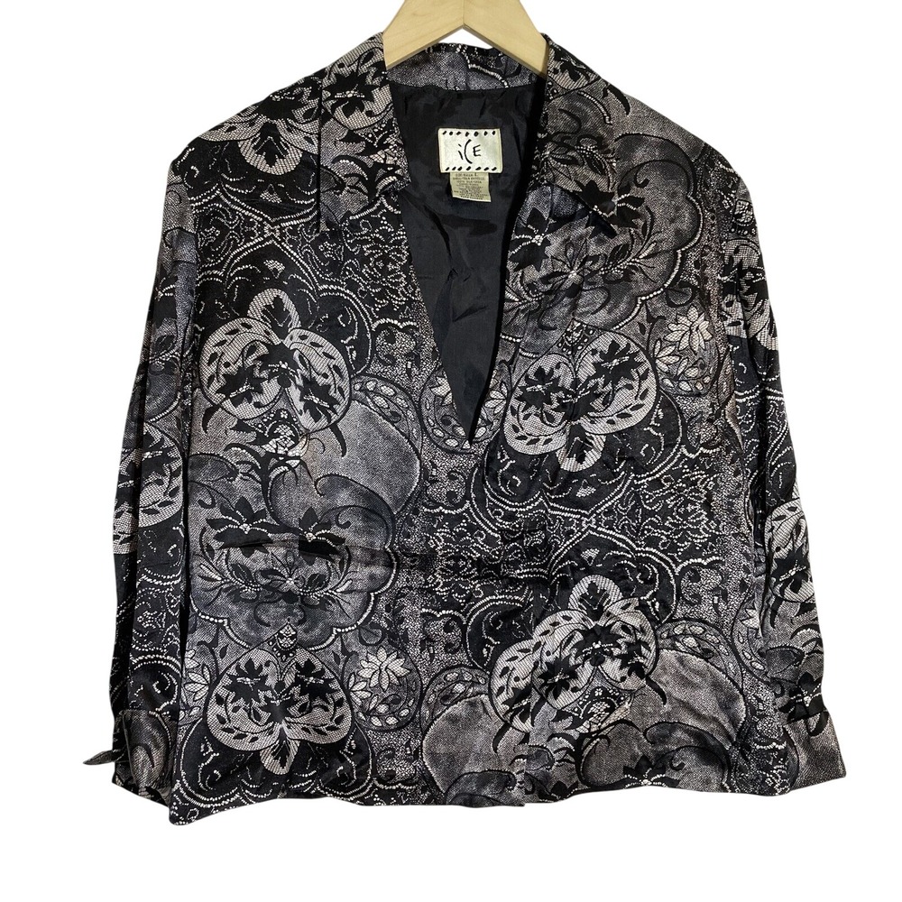 ICE Black Gray Floral Print Long Sleeve Button Up Career‎ Top